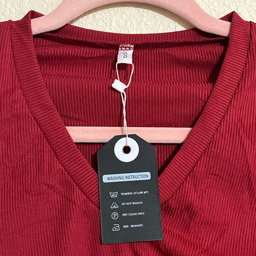 Two Piece Wine Red Outfit Ribbed Top & Pant Set - Picture 9 of 12
